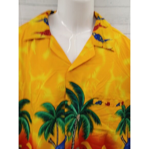Tropical Mens Hawaiian Shirt XXXL Yellow Green Parrot Palms Button Down - Picture 2 of 9
